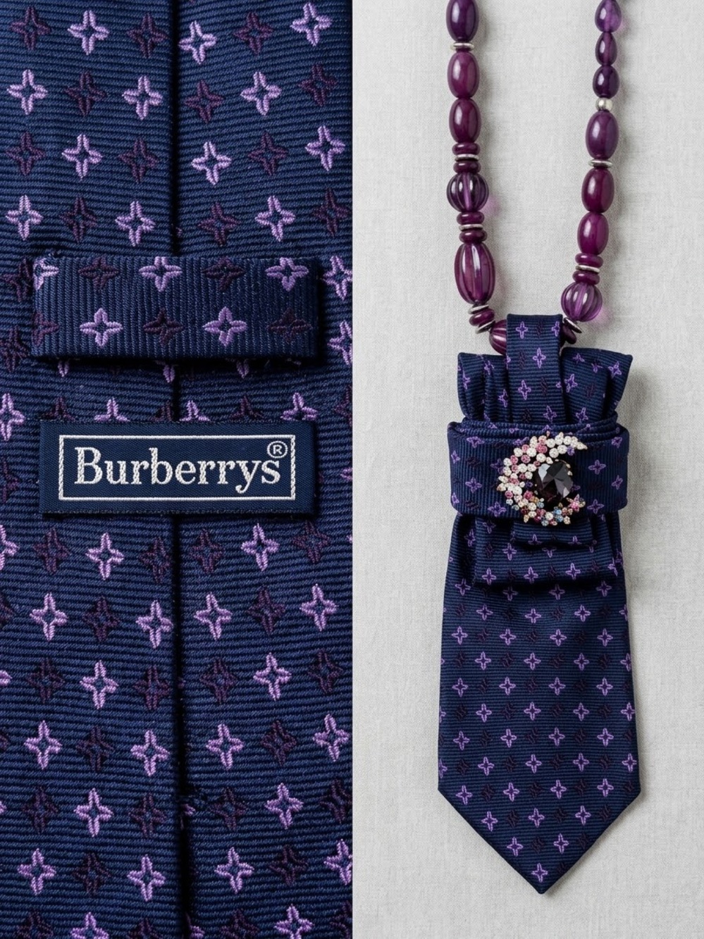 Upcycled Vintage Burberry Silk Tie Statement Necklace / Brooch Collar
